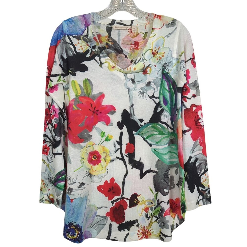 Soft Surroundings PXS‎ Floral Print Long Sleeve V-Neck Top multicolored floral